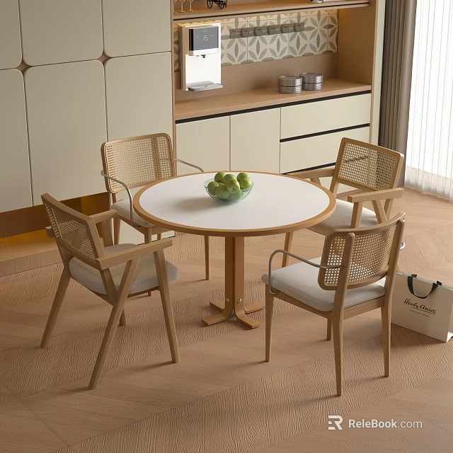 Minimalist Round Table With Woven Backrest Chairs For Home Dining Area 3d model
