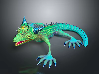Colorful Green And Blue Horned Spiked Fantasy Lizard With Sharp Claws Open Mouth 3d model