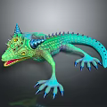 Colorful Green And Blue Horned Spiked Fantasy Lizard With Sharp Claws Open Mouth