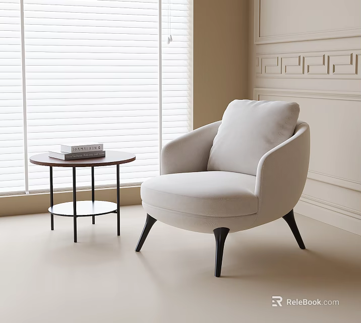 Beige Fabric Accent Chair With Black Legs By Window And Round Side Table With Books 3d model 
