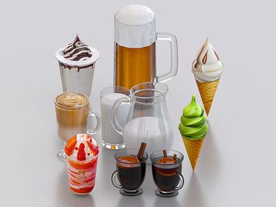 Delicious Assorted Food With Frothy Beer Various Ice Cream Cones Coffee Milk And Milkshake 3d model