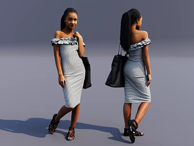 Woman Wearing Striped Off Shoulder Dress With Black Handbag And Sandals Front Back Views 3d model
