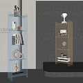 Modern Display Shelves With Blue Transparent And Brown Cabinets Holding Books Decorative Items And Trophies