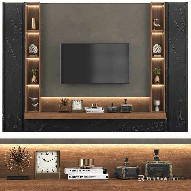 Modern TV Wall Interior Design With Decorative Shelves And Marble Panels 3d model 
