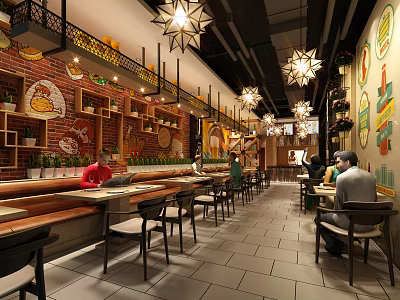 Cozy Restaurant Interior With Decorative Brick Walls Star Shaped Pendant Lights Long Bar And Diners 3d model