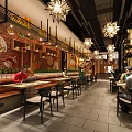 Cozy Restaurant Interior With Decorative Brick Walls Star Shaped Pendant Lights Long Bar And Diners