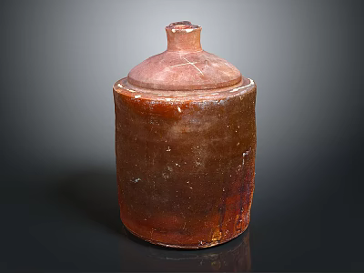 Hand Carved Clay Jar Sculpture With Reddish Brown Textured Surface And Lid 3d model