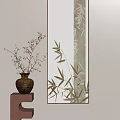 Traditional Chinese Screen with Bamboo Pattern and Ceramic Vase on Wooden Stand Against Textured Wall