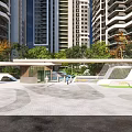 Modern Entrance Gate In Front Of High Rise Buildings With Greenery And Paved Plaza