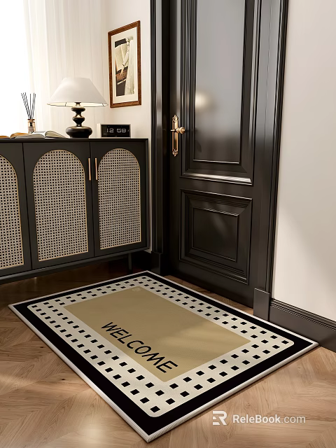 Black Entryway Cabinet Sideboard With Rattan Panels And Welcome Mat Next To Door 3d model 