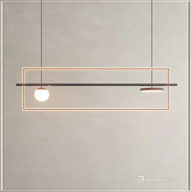 Modern Pendant Light Fixture With Long Horizontal Bar Round Bulb And Flat Shade 3d model 
