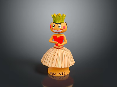 Wooden Animal Doll With Green Crown Smiling Face And Grass Skirt On Base Marked ADDA 1939 3d model
