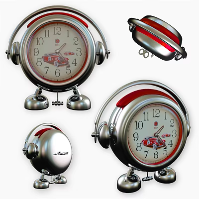 Headphone Design Silver Metal Clock With Red Accents And Car Motif Dial 3d model