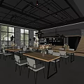 Modern Coffee Shop Interior with Open Layout Wooden Tables Pendant Lights and Large Windows