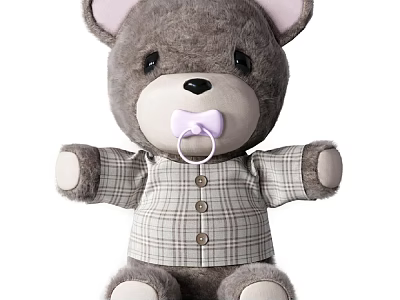 Adorable Gray Stuffed Teddy Bear Doll With Pink Ears Bowtie And Plaid Shirt Buttons 3d model