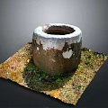 Traditional Earthenware Pot With Weathered White And Brown Surface On Mossy Mat