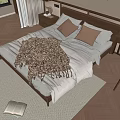 Cozy Double Bed With Wooden Headboard Brown Pillows Knitted Blanket On Area Rug