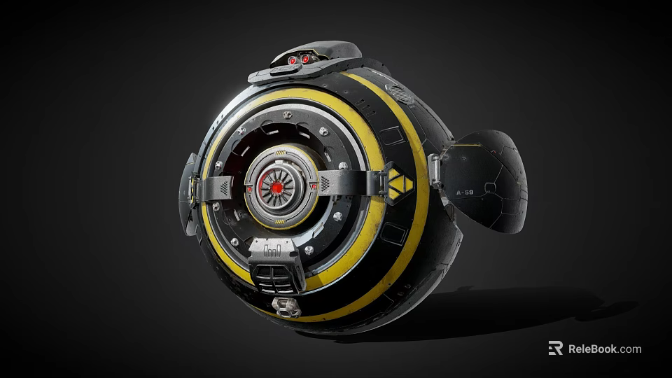 Futuristic Smart Machine With Spherical Design Black Yellow Stripes Red Silver Core Mechanical Components 3d model 