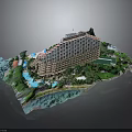 Modern Waterfront Resort Building With Landscaped Gardens And Swimming Pool