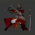 Man in Ancient Armor Wearing Red Robe With Golden Decorations Holding Bow and Sword