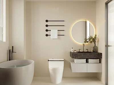 Modern Bathroom Interior Design With Round Backlit Mirror Bathtub Toilet Vanity And Plants 3d model