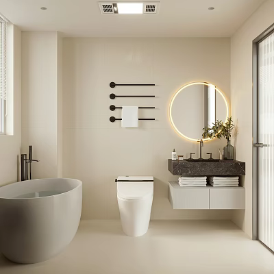 Modern Bathroom Interior Design With Round Backlit Mirror Bathtub Toilet Vanity And Plants 3d model