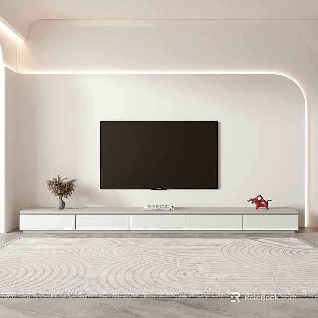 Modern White TV Stand With Black Wall Mounted TV And Decorative Accents 3d model 