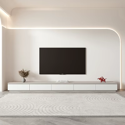 Modern White TV Stand With Black Wall Mounted TV And Decorative Accents 3d model