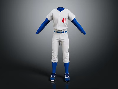 White Baseball Uniform With Red Number 41 Blue Long Sleeves Pants Socks And Shoes 3d model
