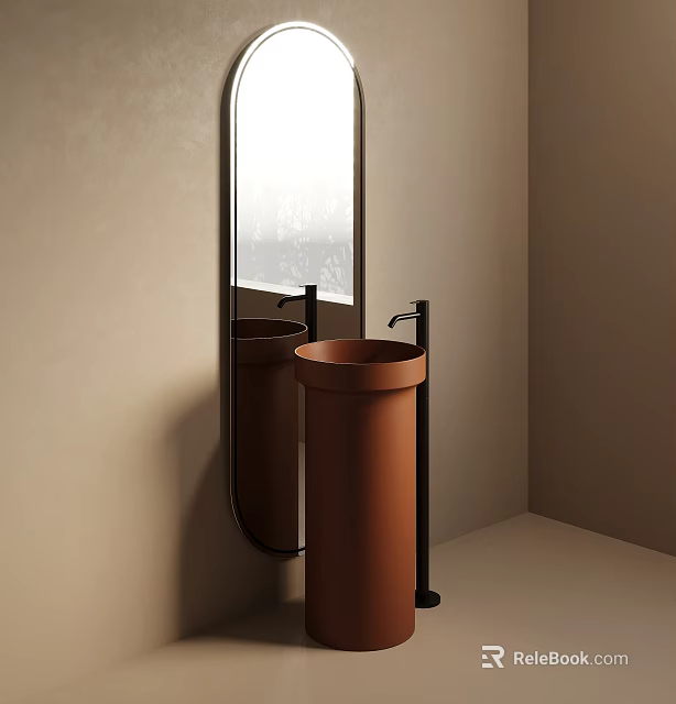Terracotta Pedestal Washbasin In Minimalist Bathroom With Wall Mirror And Light Colored Walls 3d model 