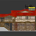 Cartoon Style Two Story House Scene With Red Roof Wooden Balcony And Staircase