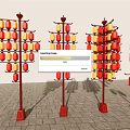Outdoor Art Installation Featuring Red Lanterns Arranged On Tall Structures With Stone Pavement 3d model