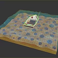3D Model Scene Of Small Boat Floating On Blue Wavy Water With Yellow Seafloor