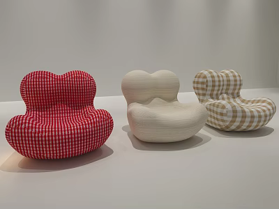 Heart Shaped Red Checkered Cream And Brown Checkered Bean Bag Chairs On White 3d model