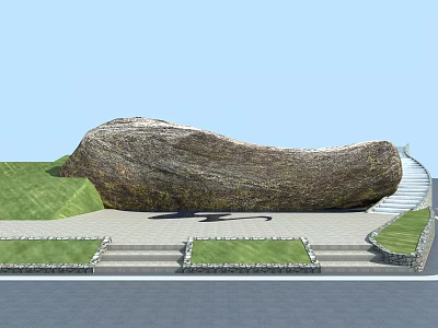 Park Landscape Featuring Giant Plant Covered Stone Structure Green Grass Steps Paved Platform Curved Walkway 3d model