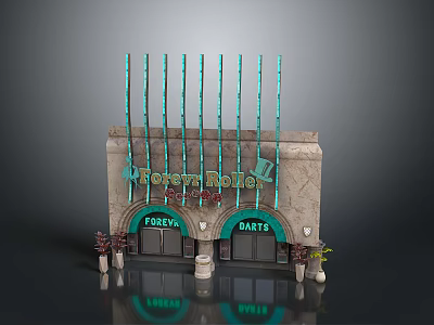 Café Style Decorative Ornament Combination With Stone Base Green Strips And Plant Accents 3d model