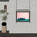 Interior Wall Decor With Cypress Tree Painting Green Meadow Potted Plant And Wooden Stump