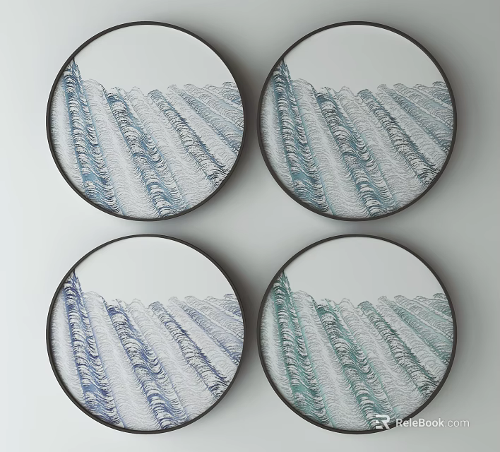 Round Wall Art With Wavy Blue Green White Patterns And Black Frames 3d model 