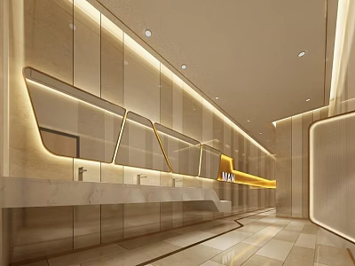 Modern Public Restroom Interior With Washbasins Mirrors And Soft Lighting 3d model