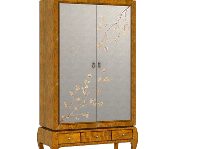 Classic Wooden Wardrobe with Carved Floral Branch Patterns Double Doors and Bottom Drawers 3d model