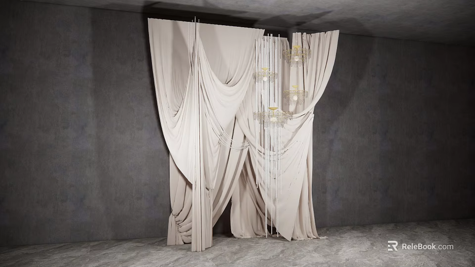 Floral Installation with Beige Pleated Drapes Chandelier Gray Background Wall and Floor 3d model 