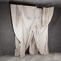 Floral Installation with Beige Pleated Drapes Chandelier Gray Background Wall and Floor