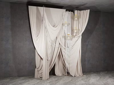 Floral Installation with Beige Pleated Drapes Chandelier Gray Background Wall and Floor 3d model