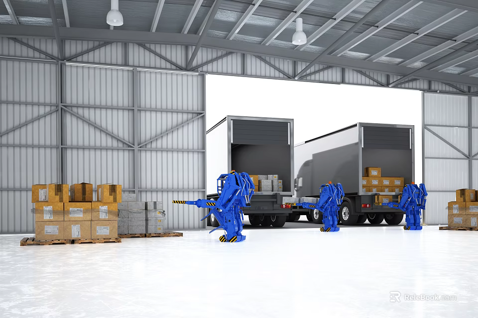 Large Warehouse Interior With Automated Robotic Arms Loading Cardboard Boxes Onto Truck 3d model 