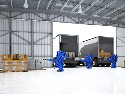 Large Warehouse Interior With Automated Robotic Arms Loading Cardboard Boxes Onto Truck 3d model