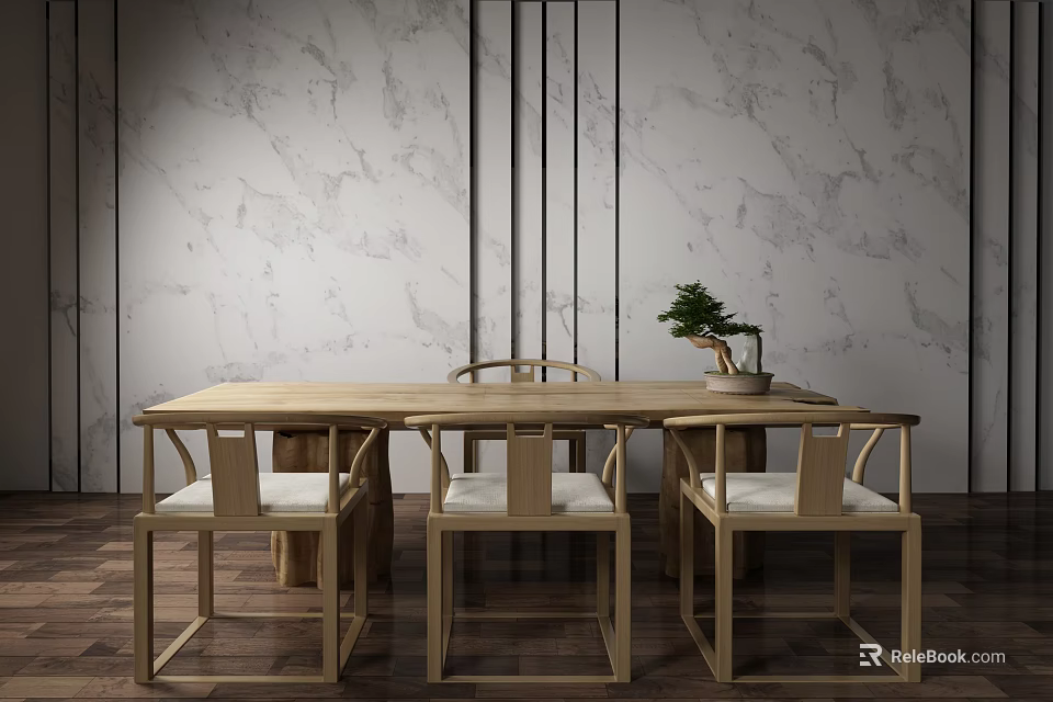 Chinese Style Wooden Tea Table and Chairs with Marble Wall and Small Plant 3d model 