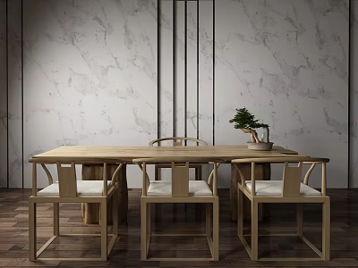 Chinese Style Wooden Tea Table and Chairs with Marble Wall and Small Plant 3d model