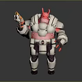 Pink Horned Fantasy Character In Heavy Armor Holding Futuristic Gun With Mechanical Details