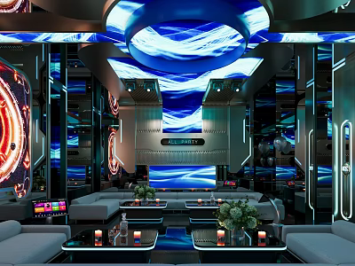 Modern KTV Interior With Blue Wave LED Ceiling And Comfortable Sofa Seating 3d model