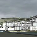 Modern Multi Story Guesthouse With Large Windows Balconies Trees And Mountain View